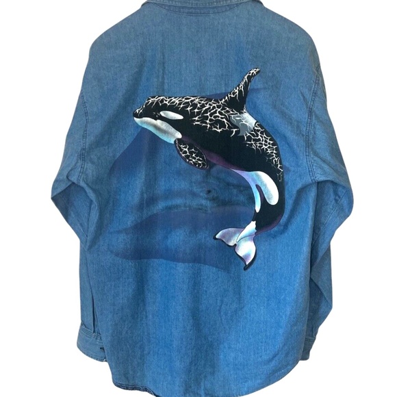 Vintage Harlequin Nature Graphics Painted Killer Whale Denim Button Up Shirt S - Picture 3 of 7